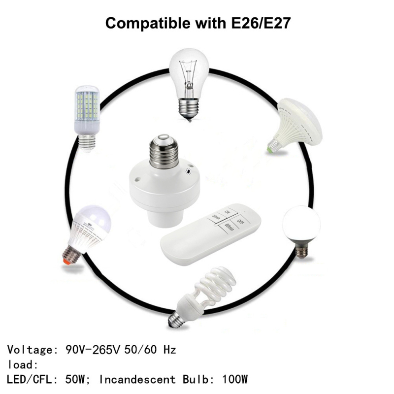 E27 lempos lizdas su RF433 belaidžio nuotolinio valdymo ir laikmačiu, 90-250V, 10A