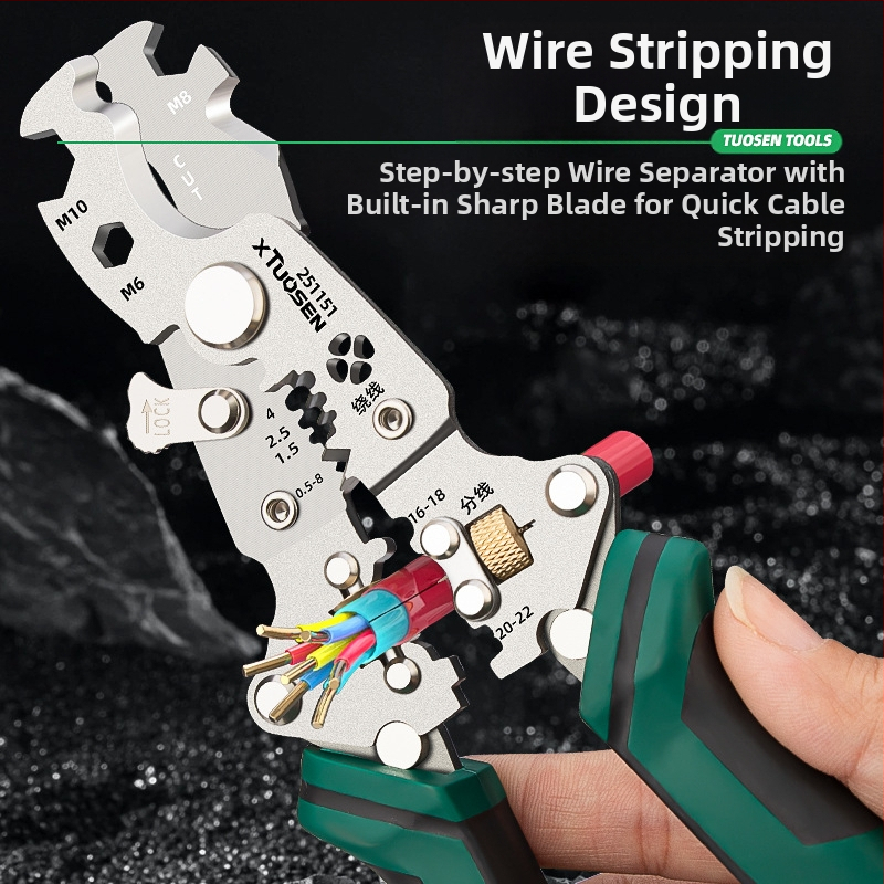 Tuosen сгъваем инструмент за обелване на кабели – многофункционални клещи за обелване, кабелен резач, модел 251151, тегло 0.24 кг