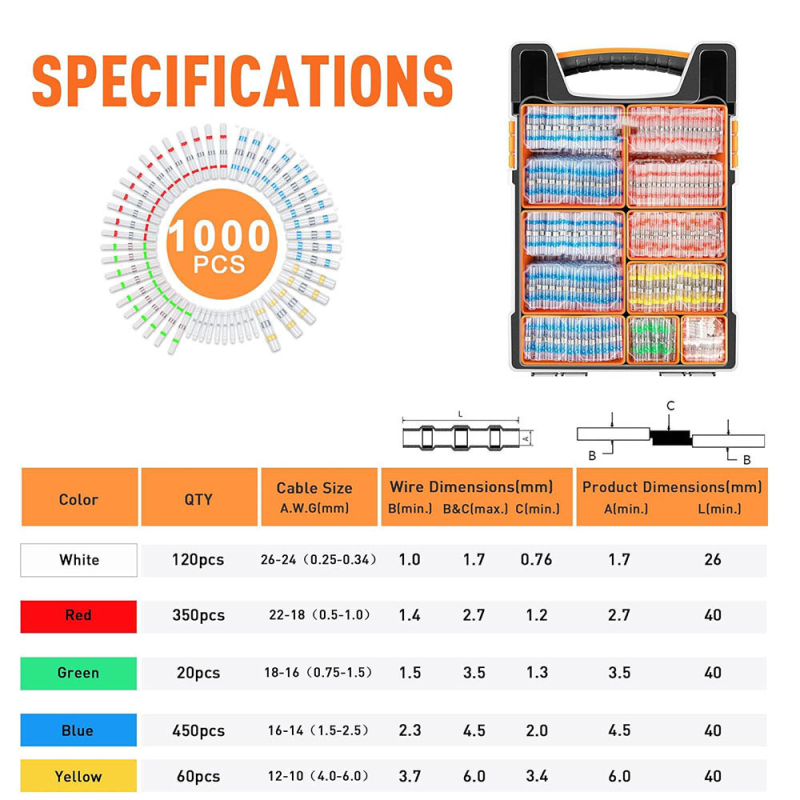 Weijie термоусъден водоустойчив терминален конектор за кабели 26–10 AWG, 1 ядро, PE изолация.