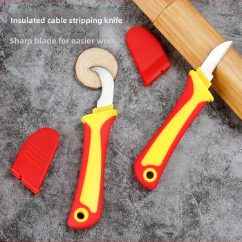 Daugiafunkcinis izoliuotas elektriko peilis su lenkta ir tiesia ašmenimis, plastine rankena, kabelių nulupimas