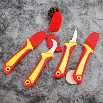 Daugiafunkcinis izoliuotas elektriko peilis su lenkta ir tiesia ašmenimis, plastine rankena, kabelių nulupimas