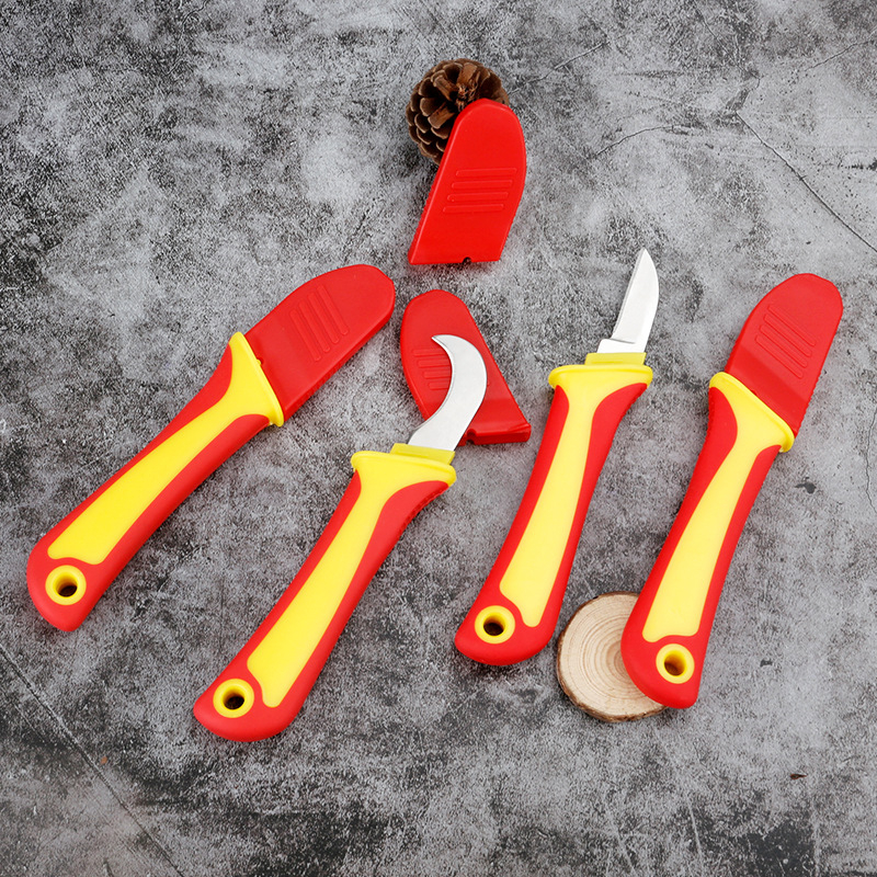 Daugiafunkcinis izoliuotas elektriko peilis su lenkta ir tiesia ašmenimis, plastine rankena, kabelių nulupimas
