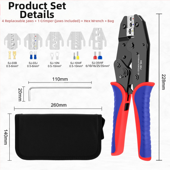 Daugiafunkcinės crimpavimo replės rinkinys – skirtas izoliuotiems, plikiems ir kištukiniams terminalams, SANJIANG, aukštos anglies plienas, svoris 1.2