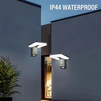 Φωτιστικό τοίχου εξωτερικού χώρου με ηλιακή ενέργεια και αισθητήρα κίνησης, τετράγωνης σχεδίασης, LED 5W, IP44, 100 lm, μοντέλα D16/D26, διάρκεια φωτισμού 6–12 ωρών