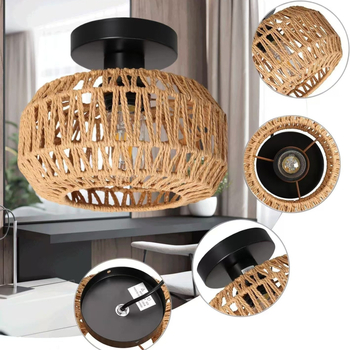 Таванна лампа с две глави, абажур от хартиен ратан, LED осветление, 110-240V