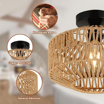 Таванна лампа с две глави, абажур от хартиен ратан, LED осветление, 110-240V