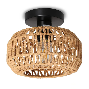 Таванна лампа с две глави, абажур от хартиен ратан, LED осветление, 110-240V