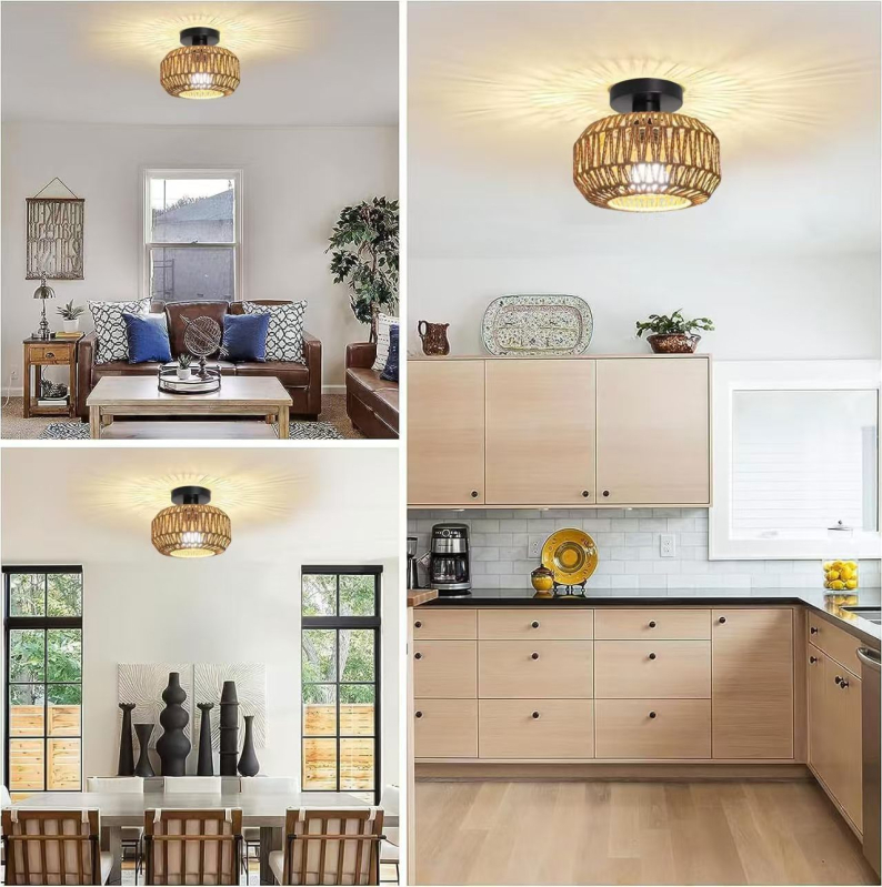 Stropna svjetiljka s dvostrukom glavom, sjenilo od papira i ratana pletene, LED rasvjeta, 110-240V