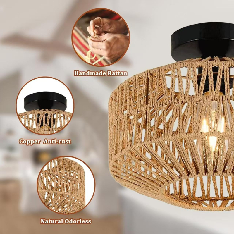 Stropna svjetiljka s dvostrukom glavom, sjenilo od papira i ratana pletene, LED rasvjeta, 110-240V