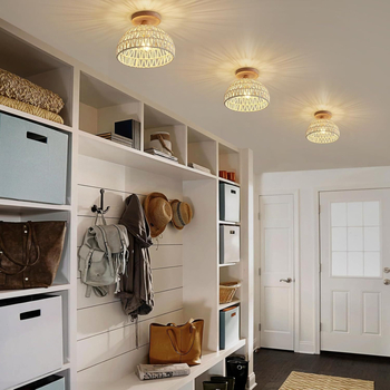 Потолъчна LED лампа, корпус от растителни влакна и абажур от ратан, подходяща за хол и спалня, обхват 30㎡+