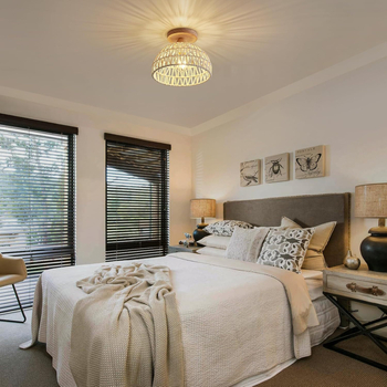 Потолъчна LED лампа, корпус от растителни влакна и абажур от ратан, подходяща за хол и спалня, обхват 30㎡+