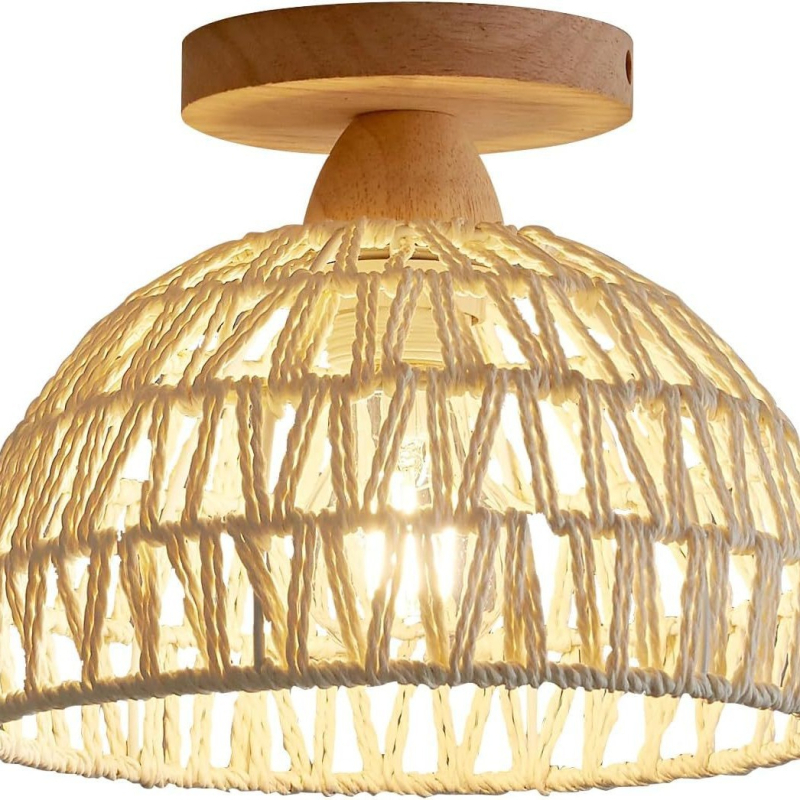 Stropna LED svjetiljka, tijelo od biljnih vlakana i abažur od pletene ražnje (ratan), pogodna za dnevni boravak i spavaću sobu, pokriće 30㎡+