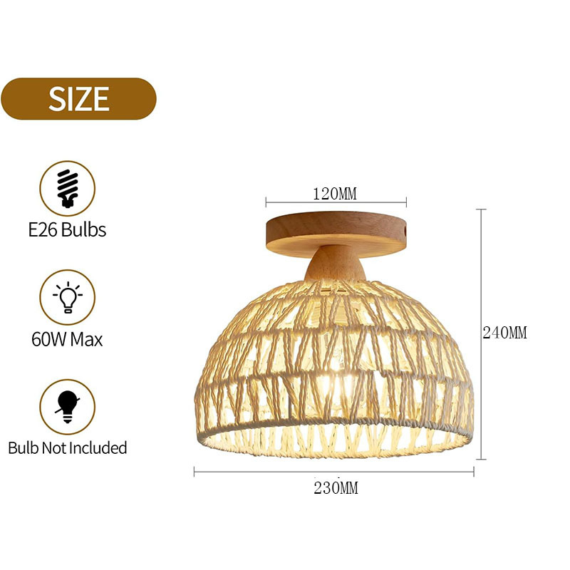 Stropna LED svjetiljka, tijelo od biljnih vlakana i abažur od pletene ražnje (ratan), pogodna za dnevni boravak i spavaću sobu, pokriće 30㎡+