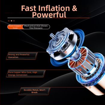 Nešiojama rankinė metalinė oro pompa su skaitmeniniu displeju ir padangos slėgio matuokliu, srautas 70 L/min, galia iki 80 W