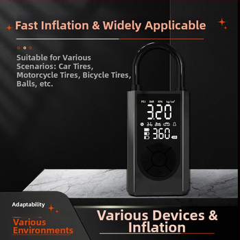 Nešiojama rankinė metalinė oro pompa su skaitmeniniu displeju ir padangos slėgio matuokliu, srautas 70 L/min, galia iki 80 W