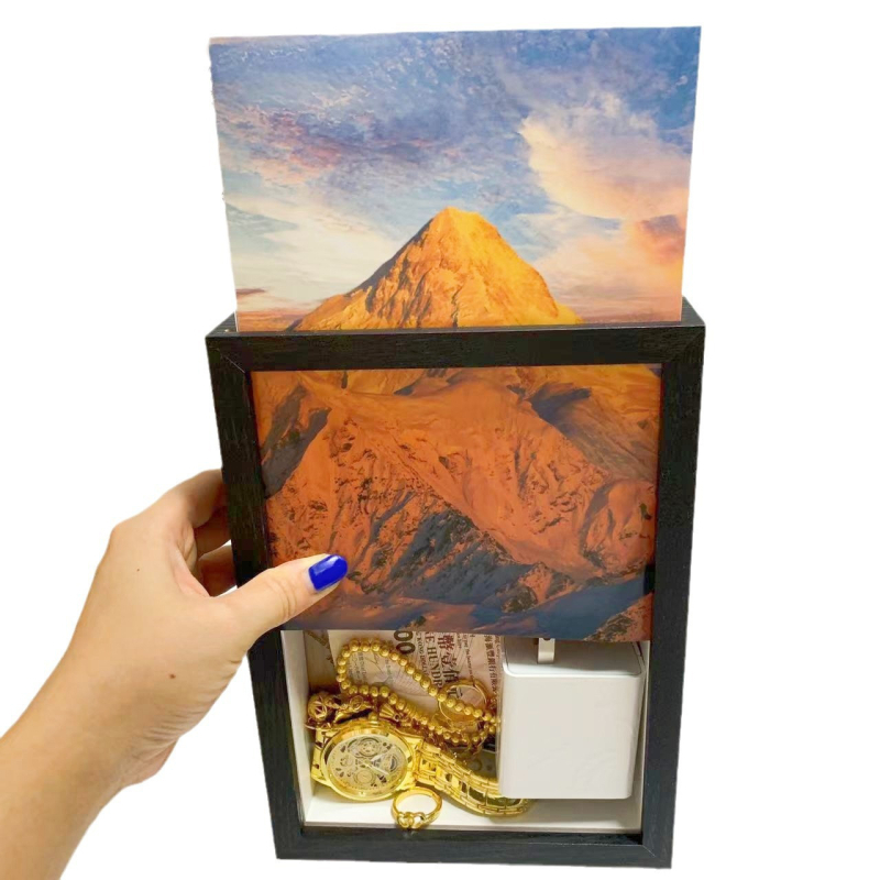 Cutie de depozitare ascunsă pe birou, cu sertar glisant, mascată într-un cadru foto; păstrează bani, documente și bunuri de valoare (1L, design modern)