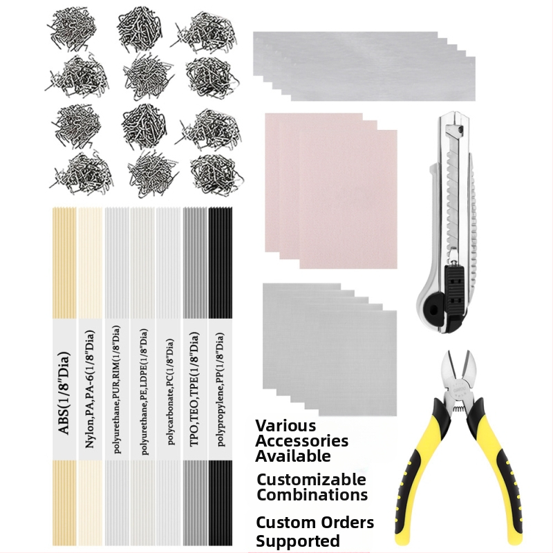 Automobilio buferio taisymo įrenginys su plastiko taisymo įrankiais, plastiko suvirinimo lazdelėmis ir replėmis — Neutralus prekės ženklas, neimportuotas