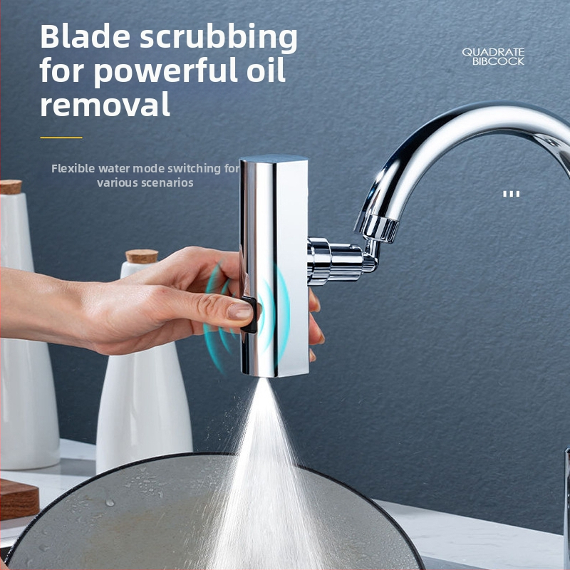 Кухненски смесител за чешма с защита против пръски, въртящ се накрайник, три режима на струята, удължаща глава, медно-пластмасово тяло, електроплакиран завършек