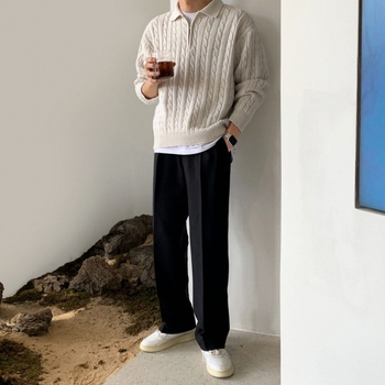 Пуловер с лацкан, корейски стил, свободна кройка – акрилно плетиво, дълги ръкави, ребриран кант, есен 2023