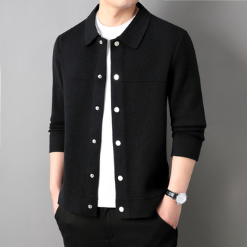 Vyrinis vilnos kardiganas – plona vilna 30–35%, storas mezginys, apykaklė su reveru, ilgos rankovės, rišinis kraštas