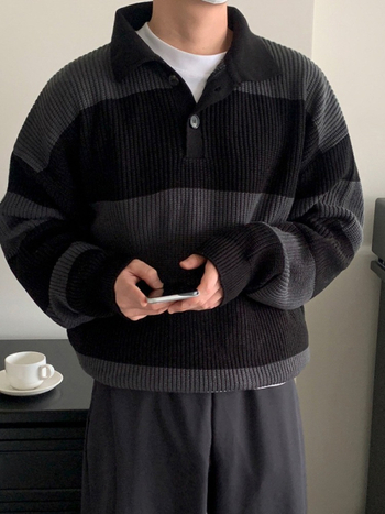 Polo kötött pulóver, japán stílus, csíkos minta, gallér rever, laza szabás