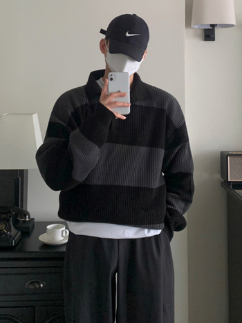 Поло плетен пуловер, японски стил, райета, яка с лафел, свободна кройка