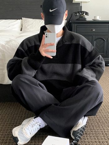 Поло плетен пуловер, японски стил, райета, яка с лафел, свободна кройка