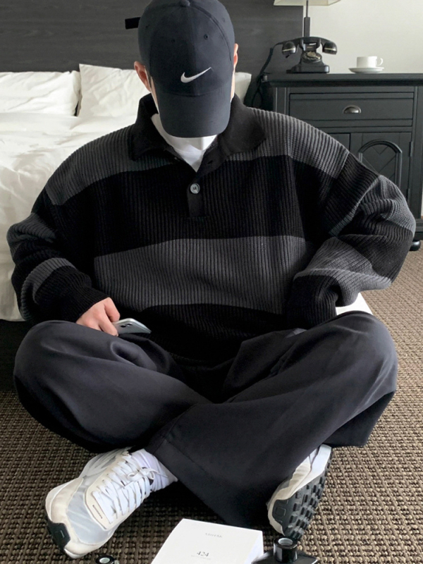 Polo kötött pulóver, japán stílus, csíkos minta, gallér rever, laza szabás