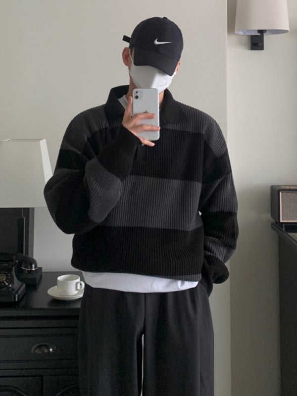 Polo kötött pulóver, japán stílus, csíkos minta, gallér rever, laza szabás