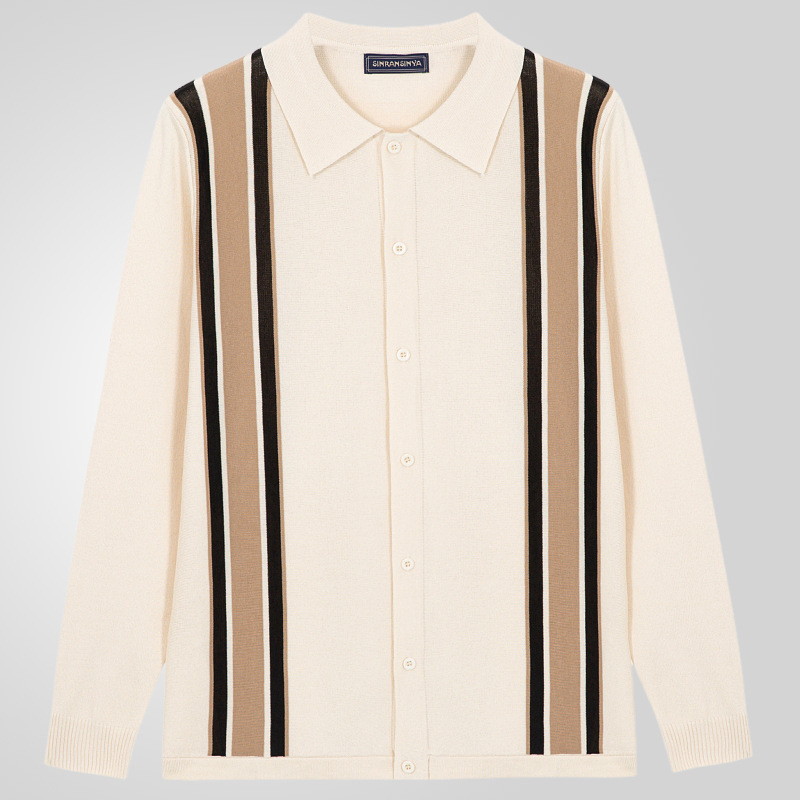 Vyrų polo marškiniai su ilgomis rankovėmis, dryžuotas raštas, plona medžiaga, viskozė