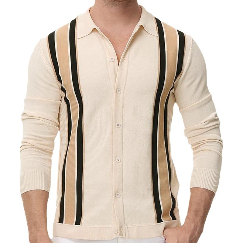 Vyrų polo marškiniai su ilgomis rankovėmis, dryžuotas raštas, plona medžiaga, viskozė