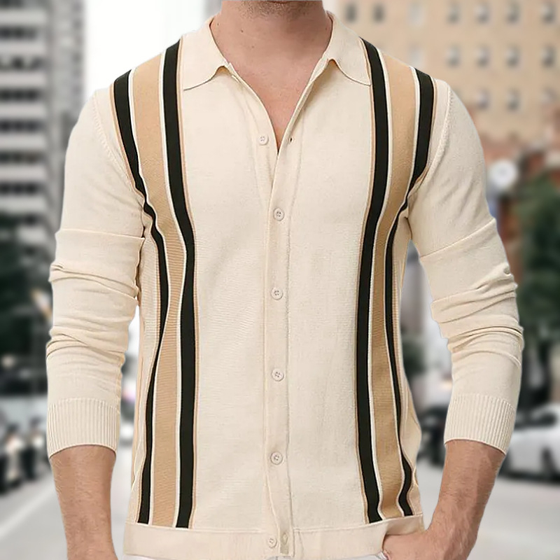 Vyrų polo marškiniai su ilgomis rankovėmis, dryžuotas raštas, plona medžiaga, viskozė