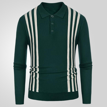 Polo marškiniai su ilgomis rankovėmis, plonas, dryžuotas su flocking efektu, pagrindinis audinys viskozė (≥96%), šilkinė tekstūra, prigludęs kirpimas