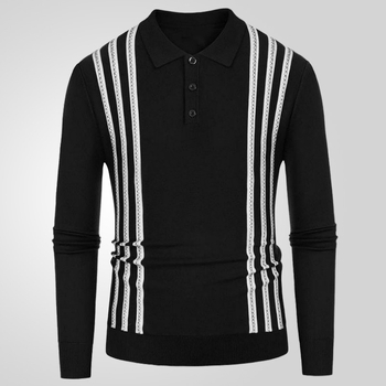 Polo marškiniai su ilgomis rankovėmis, plonas, dryžuotas su flocking efektu, pagrindinis audinys viskozė (≥96%), šilkinė tekstūra, prigludęs kirpimas