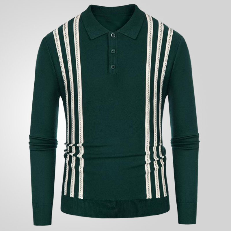 Polo marškiniai su ilgomis rankovėmis, plonas, dryžuotas su flocking efektu, pagrindinis audinys viskozė (≥96%), šilkinė tekstūra, prigludęs kirpimas