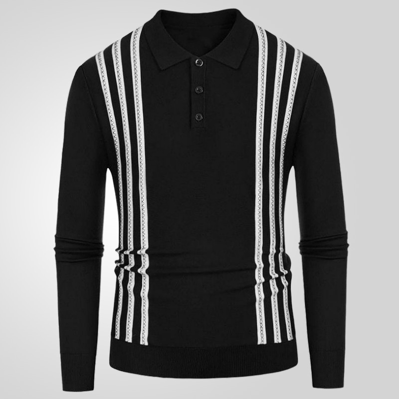 Polo marškiniai su ilgomis rankovėmis, plonas, dryžuotas su flocking efektu, pagrindinis audinys viskozė (≥96%), šilkinė tekstūra, prigludęs kirpimas