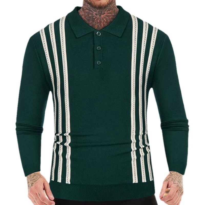 Polo marškiniai su ilgomis rankovėmis, plonas, dryžuotas su flocking efektu, pagrindinis audinys viskozė (≥96%), šilkinė tekstūra, prigludęs kirpimas