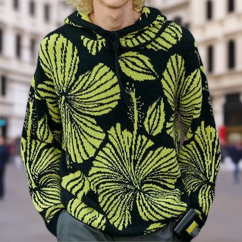 Мъжки плетен свитър с качулка, жакардов модел, свободна кройка, акрилно влакно