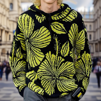 Мъжки плетен свитър с качулка, жакардов модел, свободна кройка, акрилно влакно