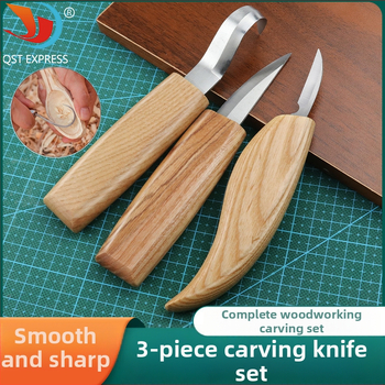 3 dalių medienos drožybos įrankių rinkinys: drožtuvės peilis, šaukštų peilis ir šlifavimo įrankis – rankų darbo raštai