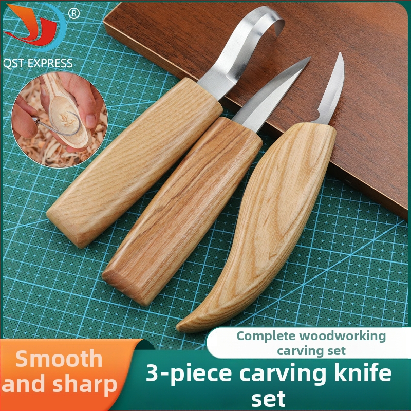 3 dalių medienos drožybos įrankių rinkinys: drožtuvės peilis, šaukštų peilis ir šlifavimo įrankis – rankų darbo raštai