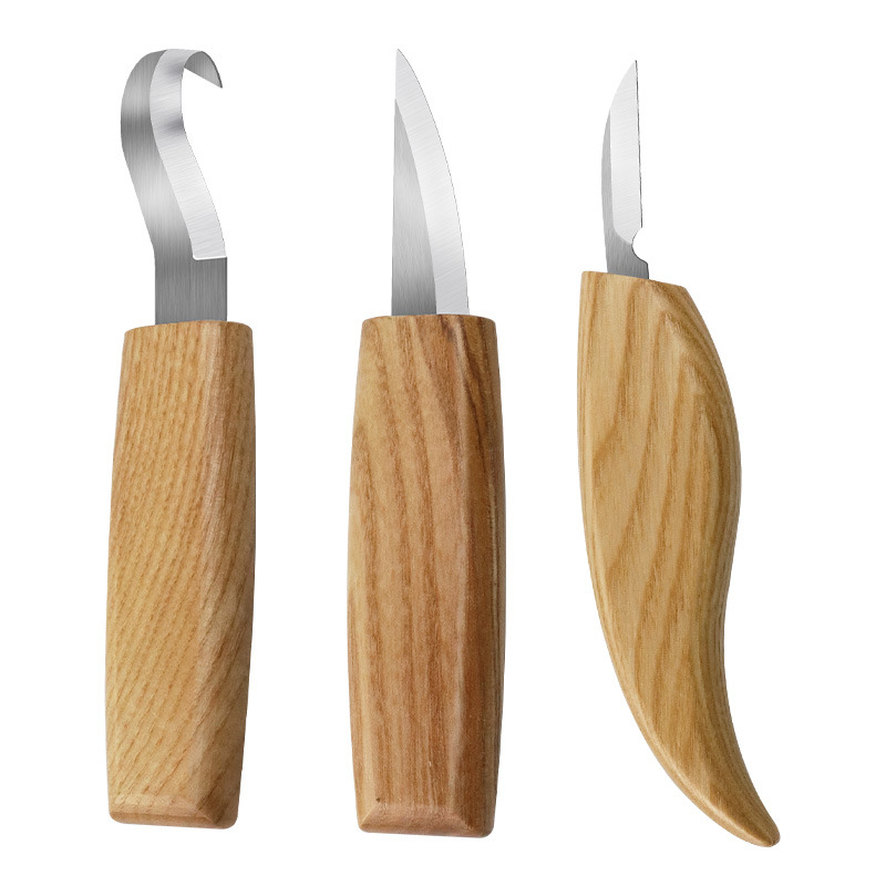 3 dalių medienos drožybos įrankių rinkinys: drožtuvės peilis, šaukštų peilis ir šlifavimo įrankis – rankų darbo raštai