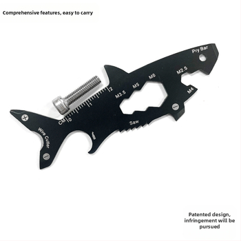 EDC išgyvenimo įrankių kortelė, ryklio formos butelių atidarytuvas, nerūdijantis plienas, 18 g, 15-in-1 daugiafunkcinė raktų grandinė