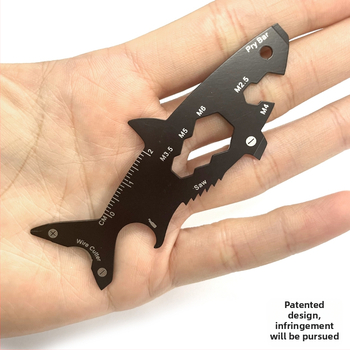 EDC išgyvenimo įrankių kortelė, ryklio formos butelių atidarytuvas, nerūdijantis plienas, 18 g, 15-in-1 daugiafunkcinė raktų grandinė