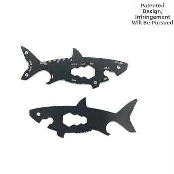 EDC išgyvenimo įrankių kortelė, ryklio formos butelių atidarytuvas, nerūdijantis plienas, 18 g, 15-in-1 daugiafunkcinė raktų grandinė