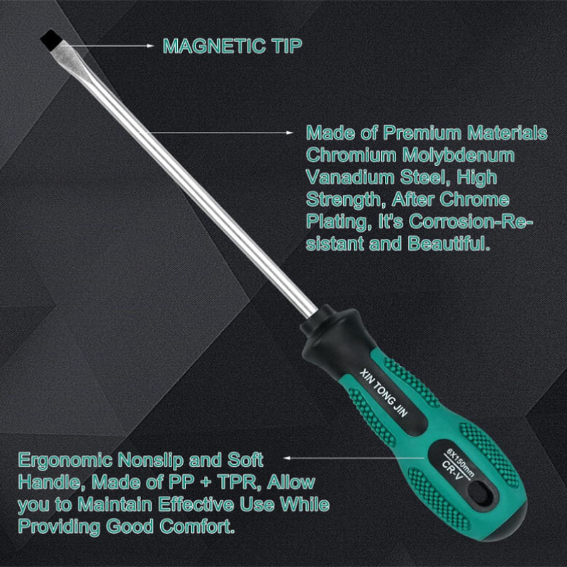 12 dalių atsuktuvų rinkinys su kryžminėmis ir lygiomis galvutėmis, Cr-V chromo-vanadinis plienas, magnetinės galvutės — XIN TONG JIN