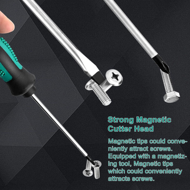 12 dalių atsuktuvų rinkinys su kryžminėmis ir lygiomis galvutėmis, Cr-V chromo-vanadinis plienas, magnetinės galvutės — XIN TONG JIN