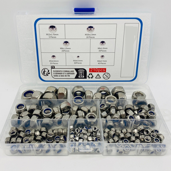 Nerūdijančio plieno nailoninių užraktų veržlių rinkinys, DIN980, klasė A, 210/230 vnt.