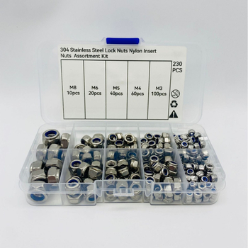 Nerūdijančio plieno nailoninių užraktų veržlių rinkinys, DIN980, klasė A, 210/230 vnt.