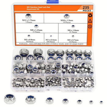 Nerūdijančio plieno nailoninių užraktų veržlių rinkinys, DIN980, klasė A, 210/230 vnt.